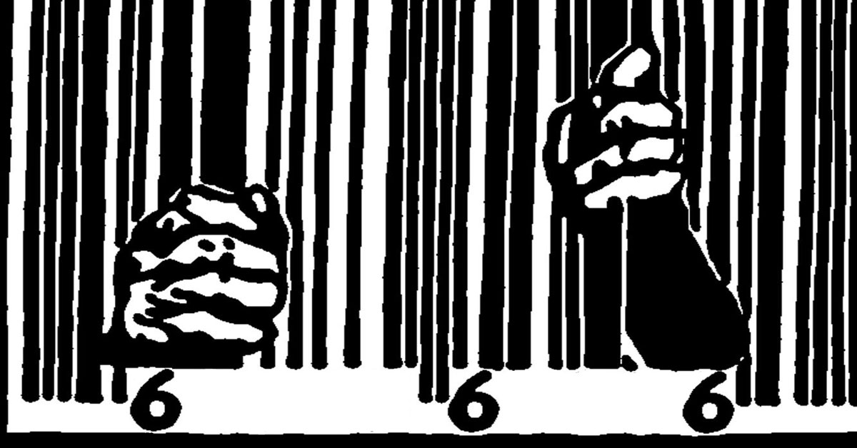 A man's hands holding cell bars with 666 written at the bottom of the image