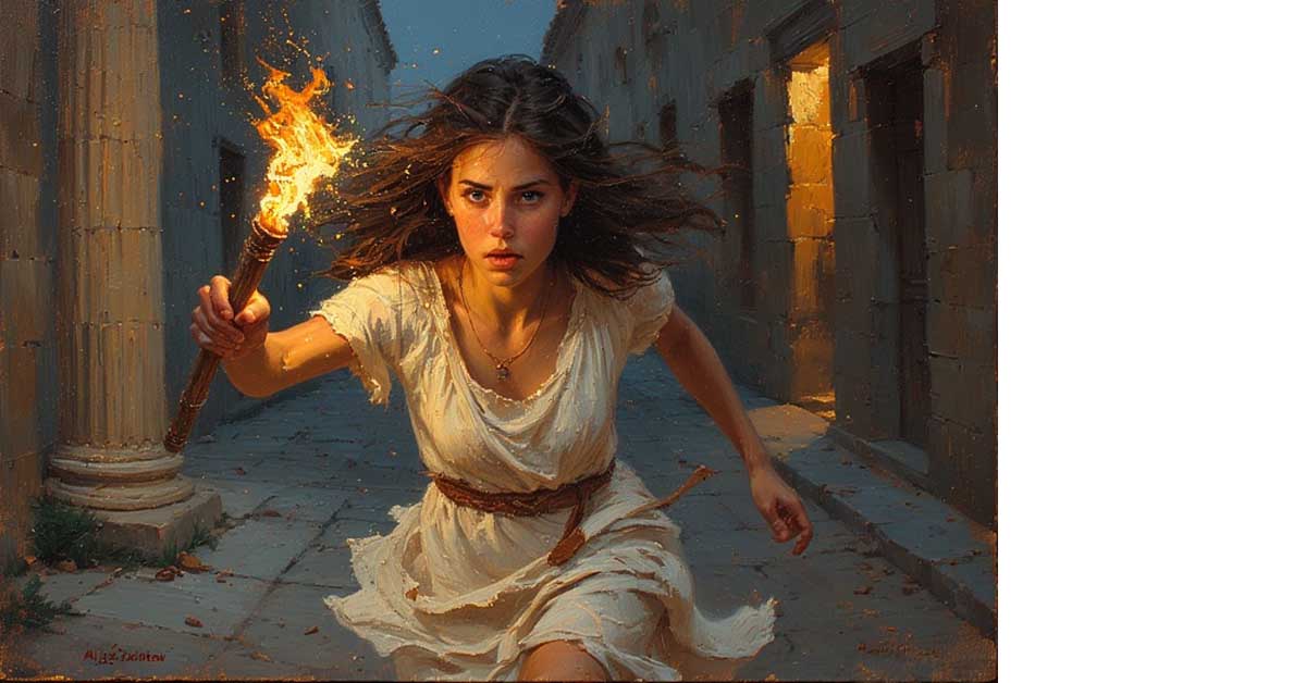Elatia running through the streets at night warning the citizens of Athens of an approaching army
