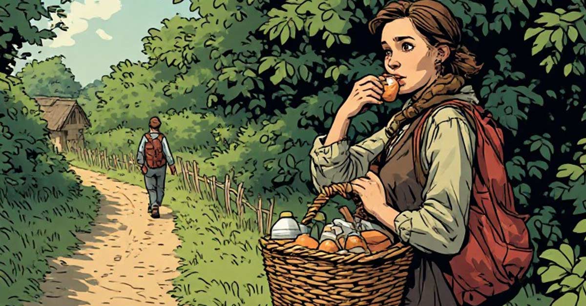 A girl snacking out of a picnic basket she carrying