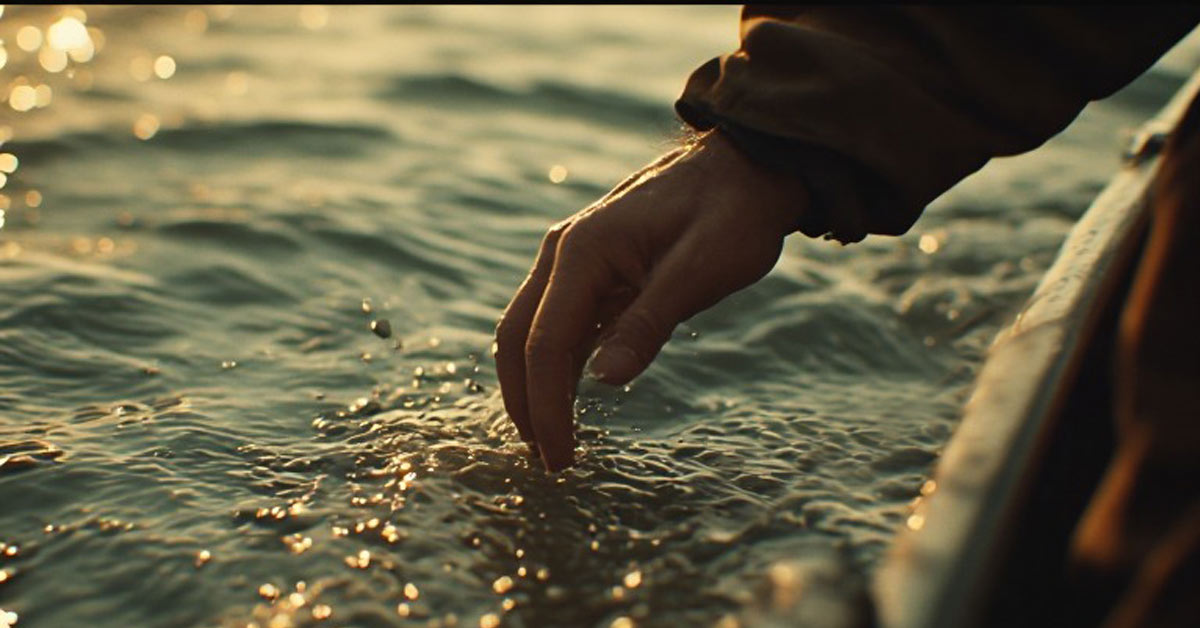 a person running their fingers over the surface of a lake