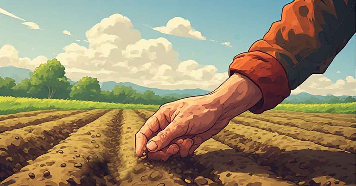 a farmer planting seed into a newly plowed field