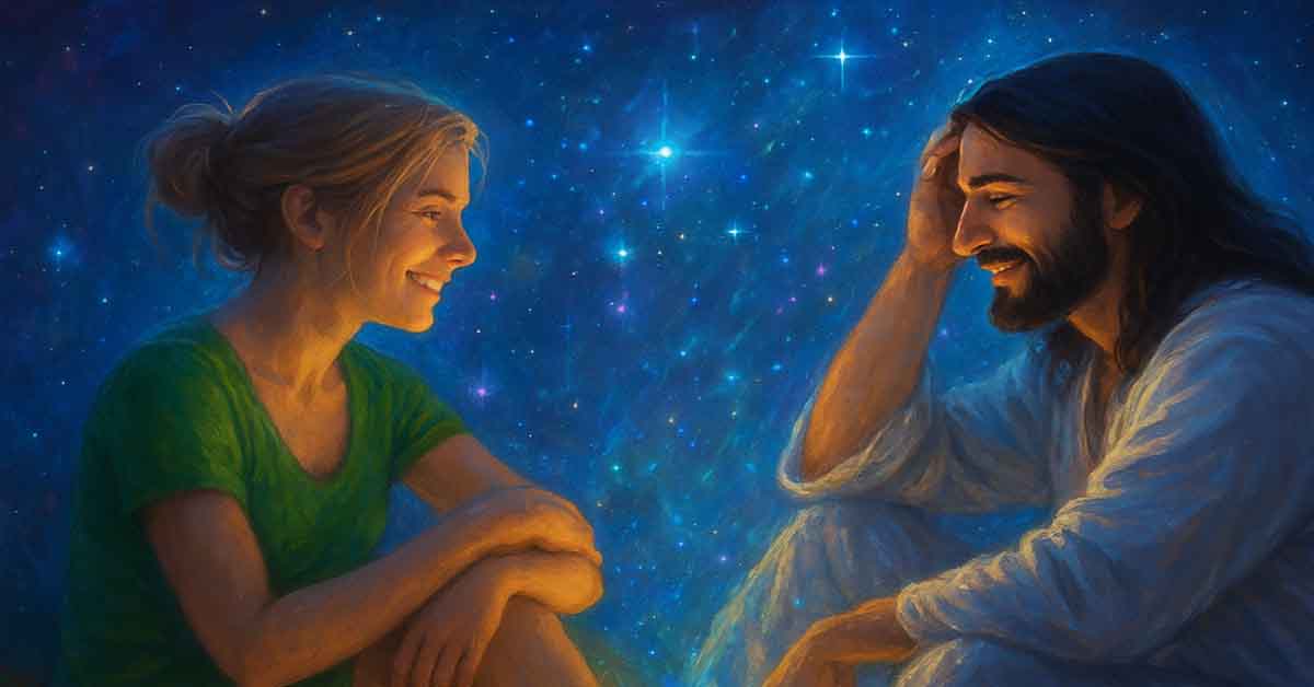 Jesus sitting, talking, with one of His brides under the stars