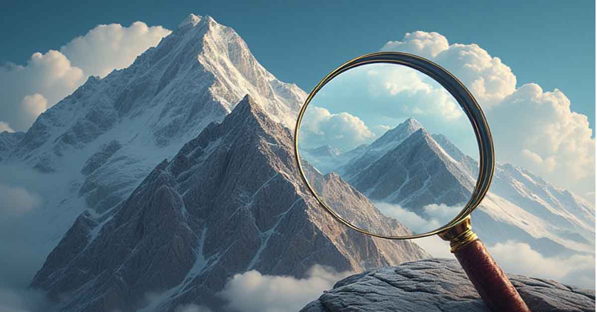 a magnifying glass, foreground, with a snow capped mountain in the background