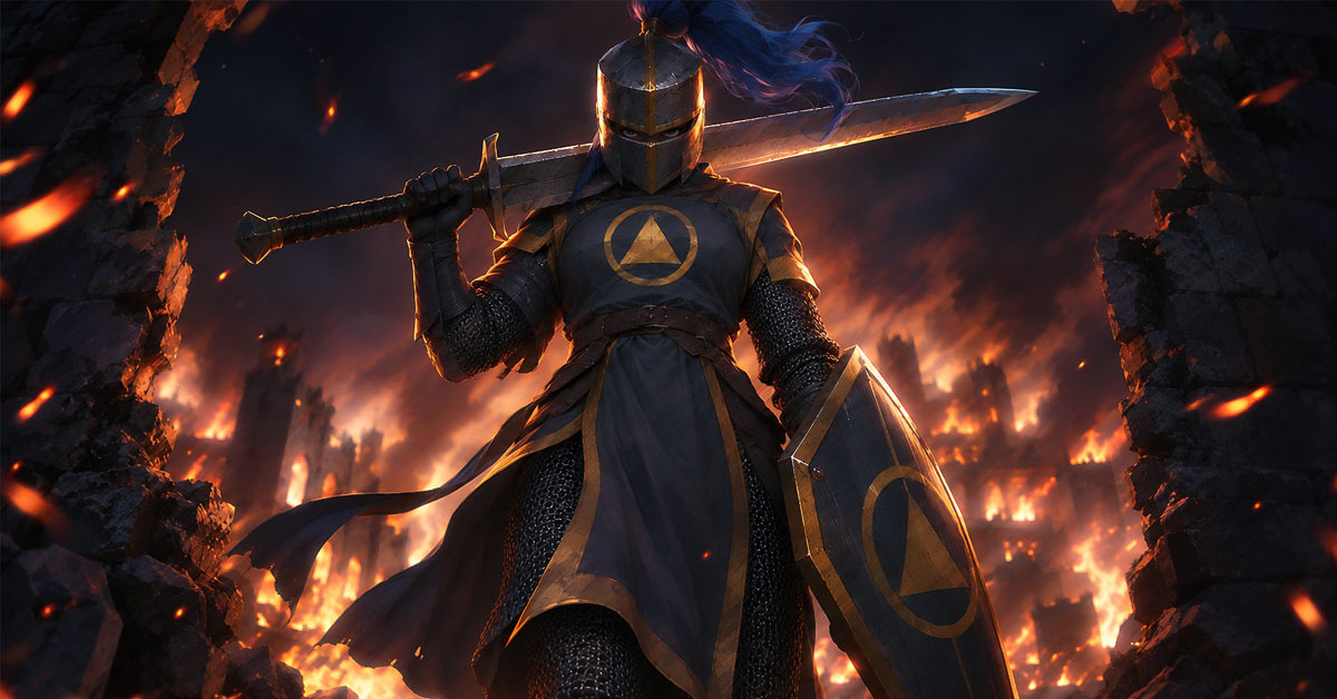 A Knight Standing in a broken gap of the city wall