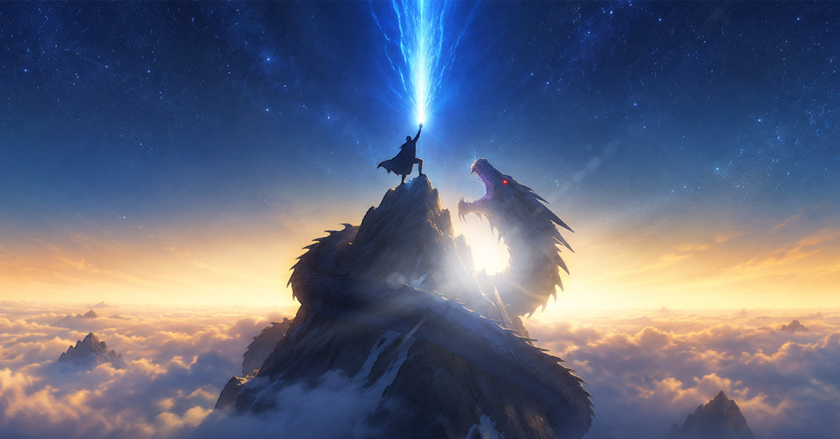 A Warrior with a blue plasma lighting sword fighting a dragon atop a mountain peak