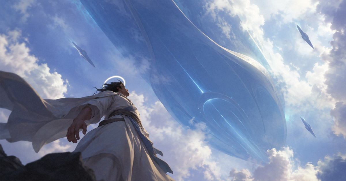 A heavenly being looking to the sky as Lambda One (symbolic of the Final Key) passes overhead