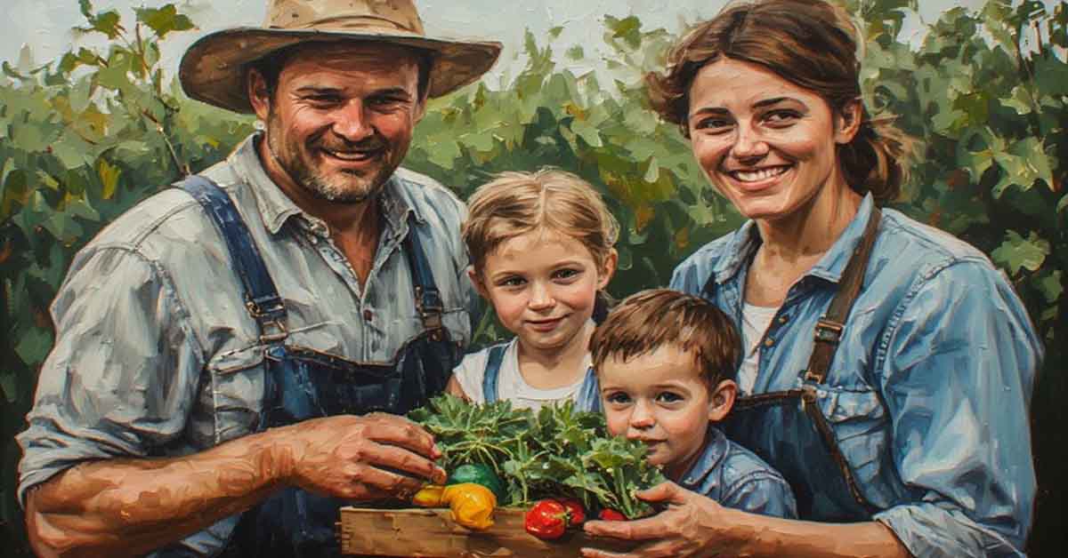 a man wife and two kids in their backyard vegetable garden