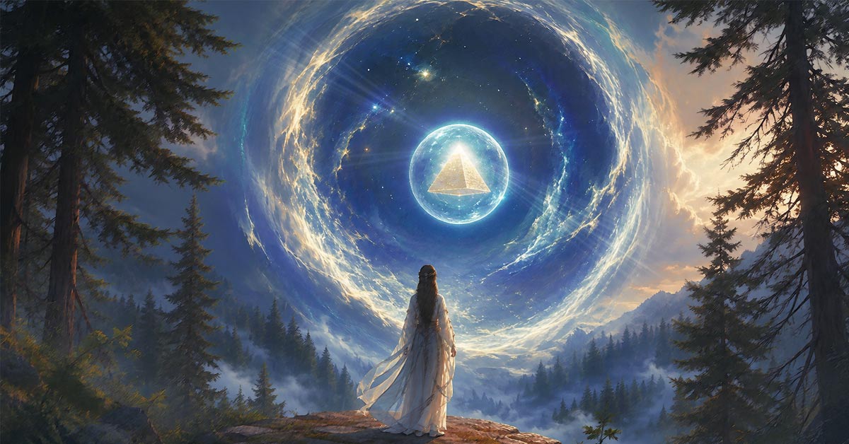 A girl seeing the Heavenly City through a sky portal