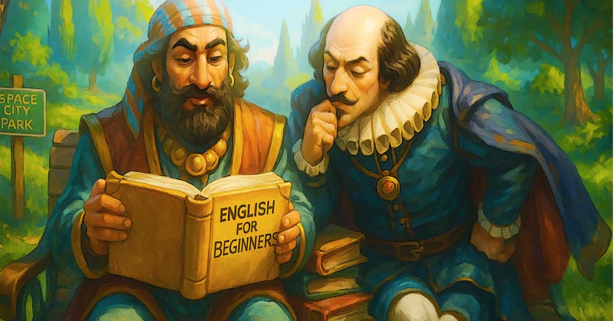 Abrahim, a Gypsy king sitting with Shakespeare in a Heavenly City park, learning English