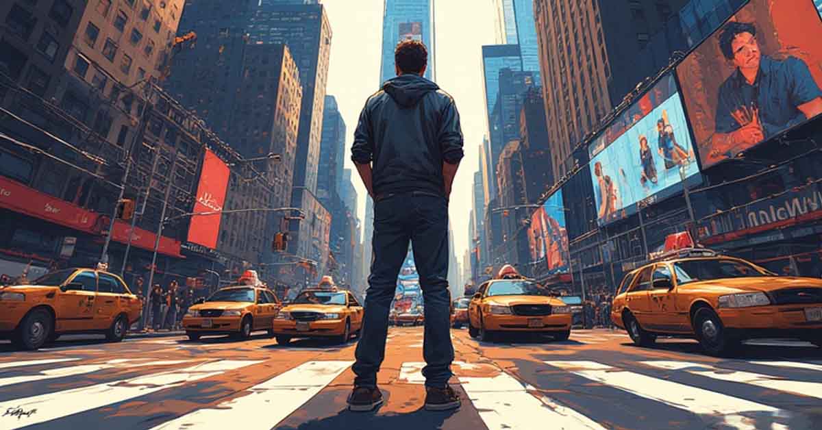 A man with hands in pockets, standing on an intersection in downtown New York