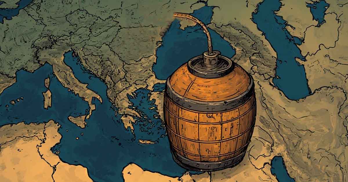 A keg of gunpowder sitting on a map of the M.E.
