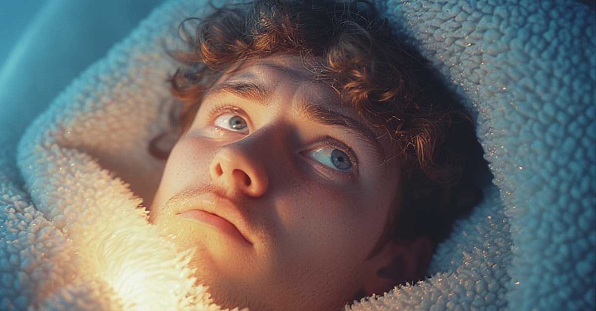 A discouraged person hiding under a blanket with only his eye peeking out