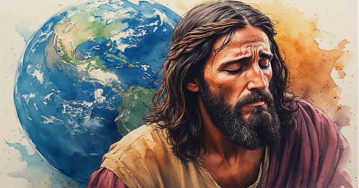 Jesus weeping with the earth behind Him