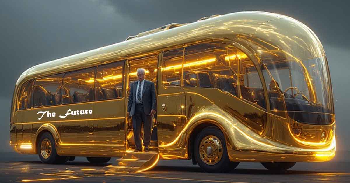 David Berg the Endtime prophet standing on the entrance step of the golden bus of the future