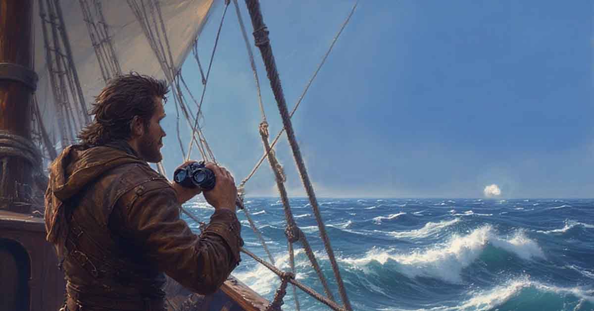 A sailor keeping an eye on a small cloud rising out of the sea on the horizon