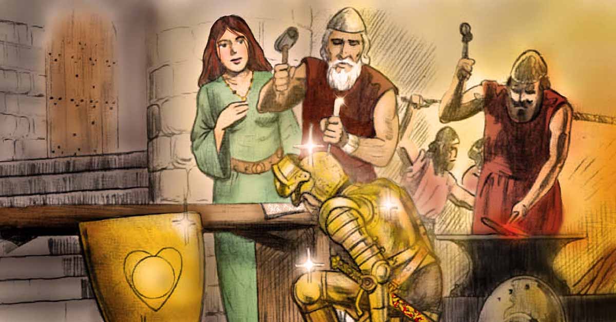 A blacksmith in his workshop fitting a helmet on a knight in armor