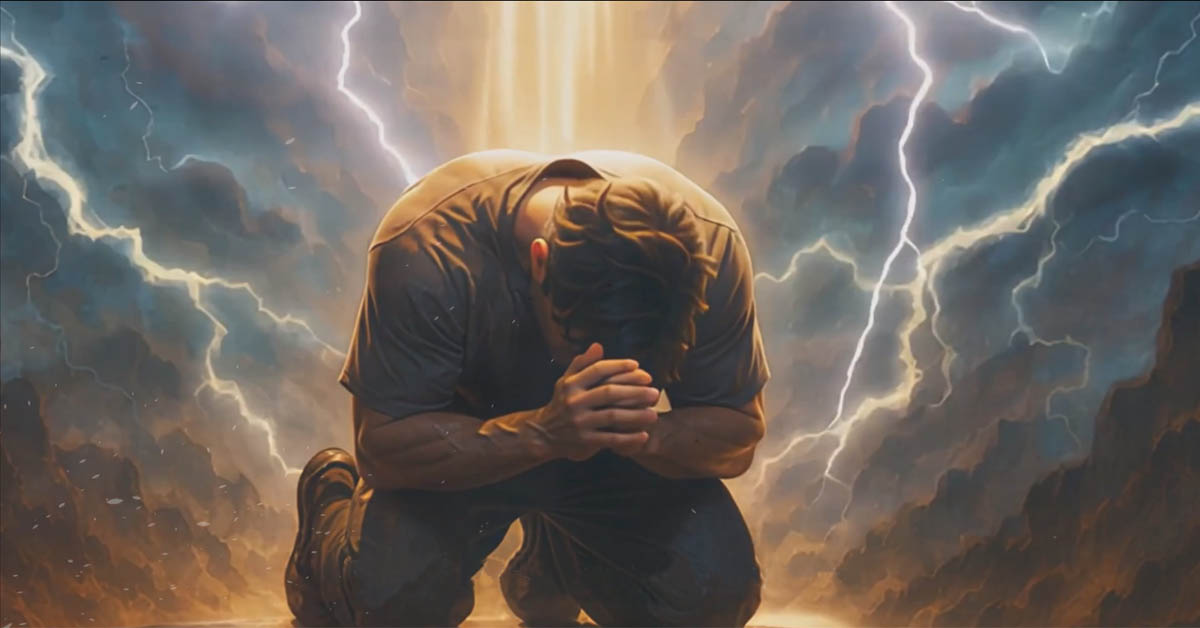 A saint on his knees, head down desperately praying