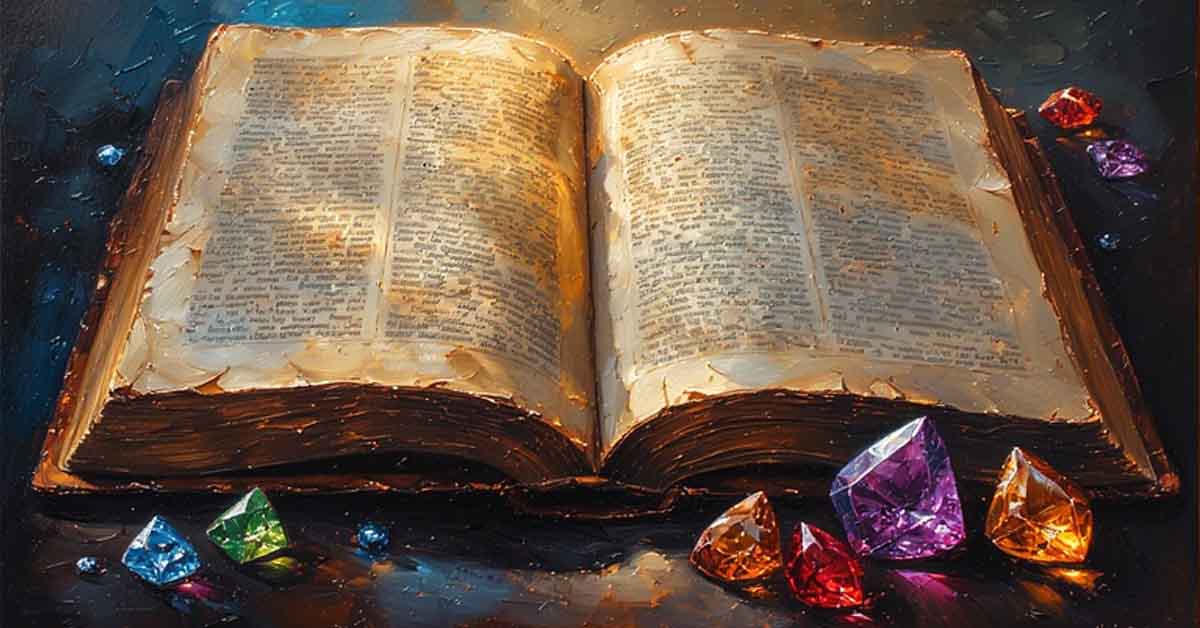 Open bible with gem stones scattered around it as if to say look this book is full of jewels