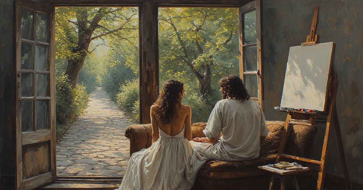 Jesus and a girl sitting, talking in an art studio