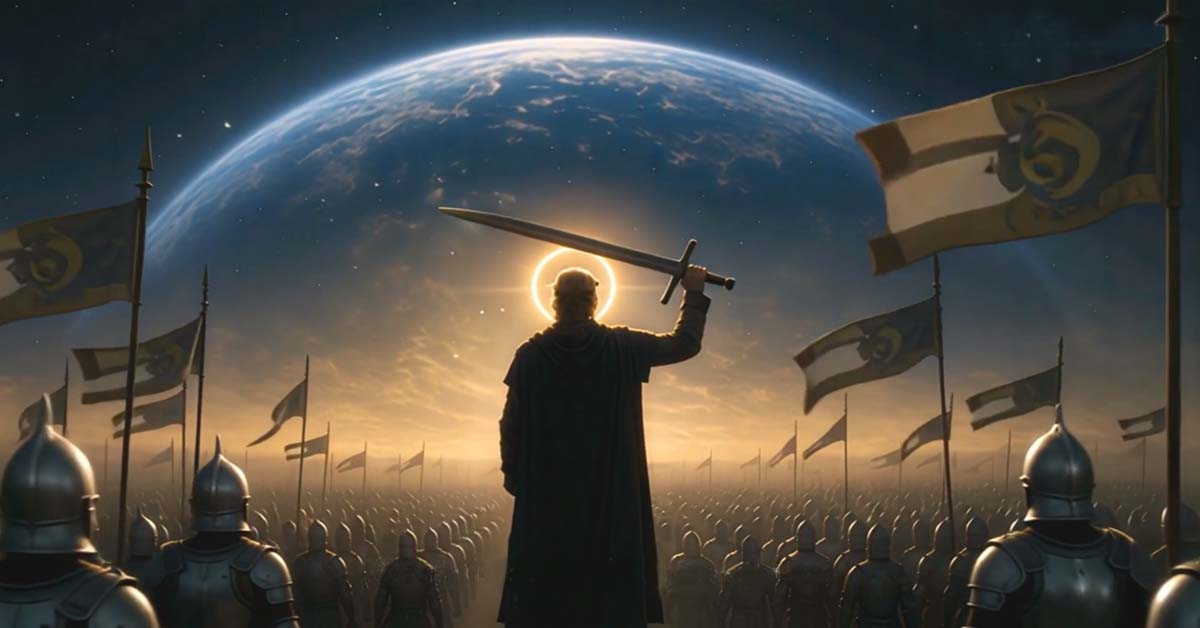 Jesus with a huge army behind Him, preparing to attack the forces of the Antichrist