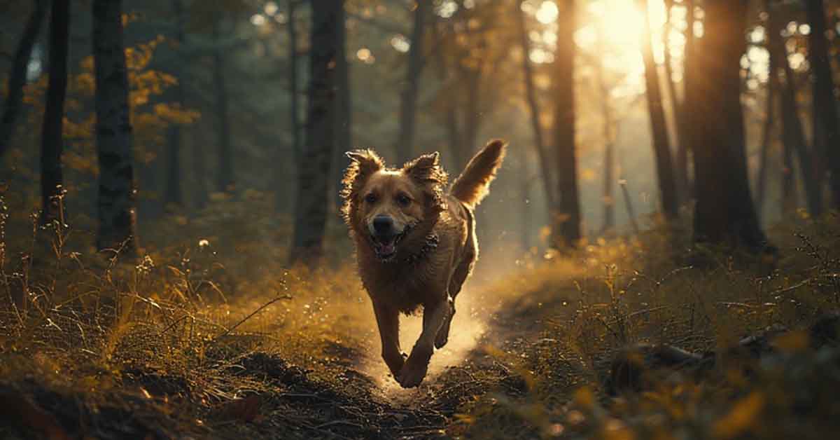 A dog running into the woods