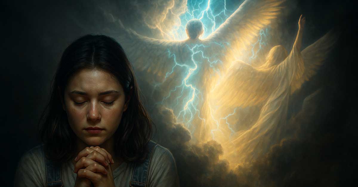 A person praying with an angel leaving on its mission behind the person