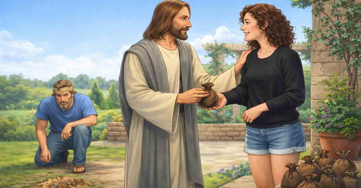 A girl receiving a talent of gold that was taken off of the unfaithful steward