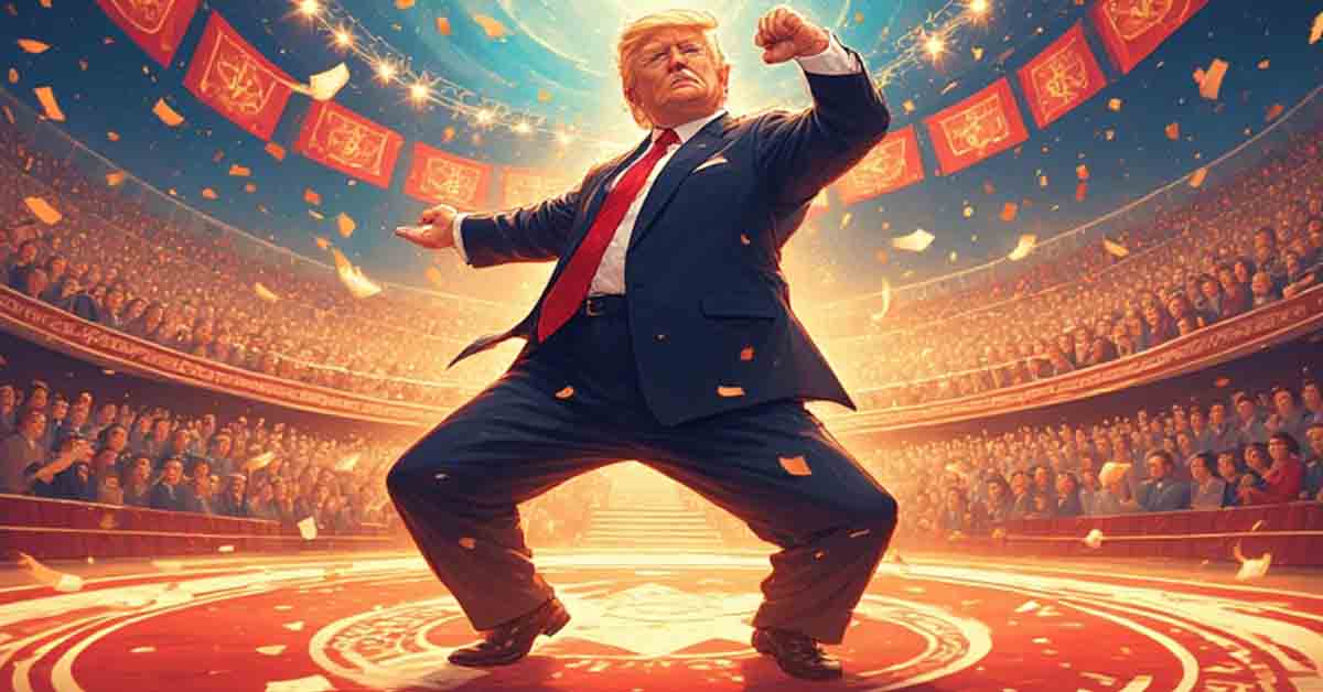 Trump dancing a very bad break dance on stage before the world