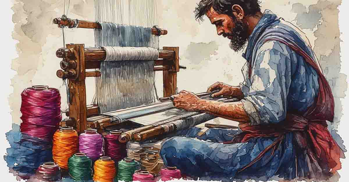 a man weaving cloth at a home made weaving machine