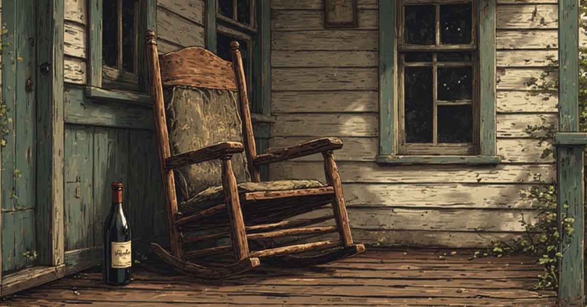 an old rocking chair with a bottle of wine beside it