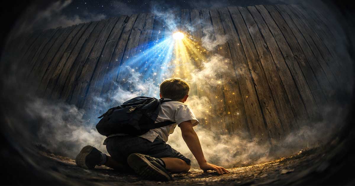 A small boy looking up at a glowing portal peephole in a wooden plank wall