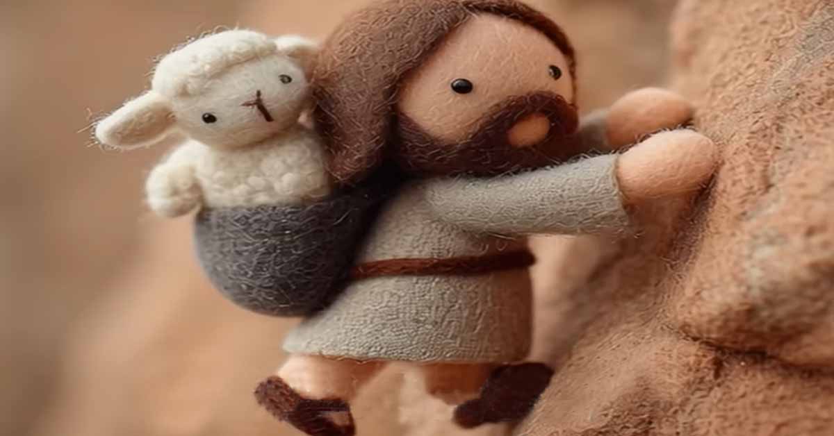 Puppet Jesus with a lamb on his back, scaling a mountain