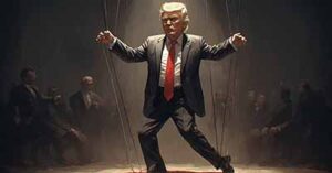 trump as a puppet being watched by the 70 elites