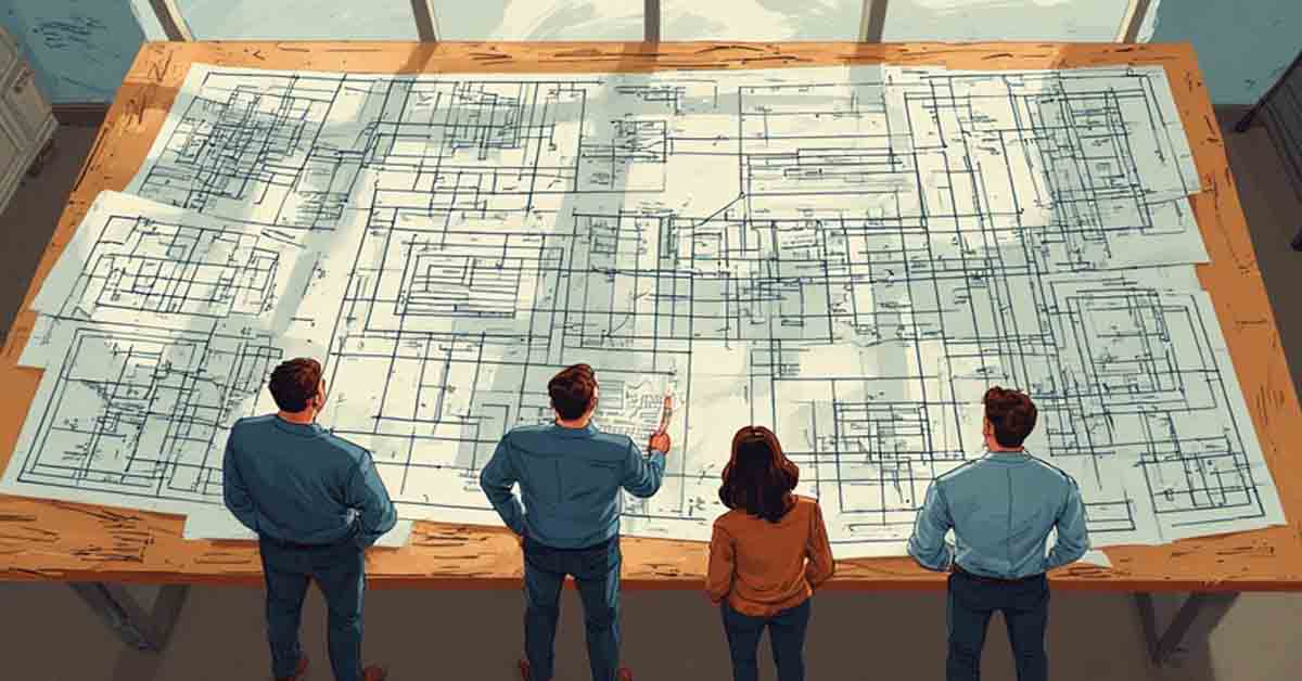 A group of warrior band members examining a blueprint for world takeover