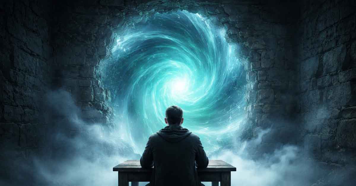 a man sitting at his desk in some sort of cave and the back wall has opened out into a spiritual portal