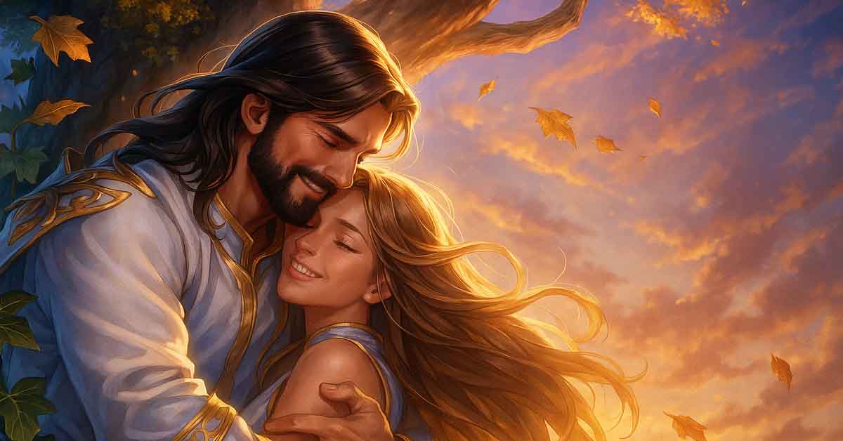 a girl being tenderly embraced by Jesus