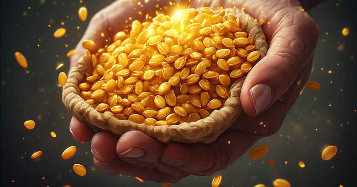 two hands holding a bag of golden sparkling grain