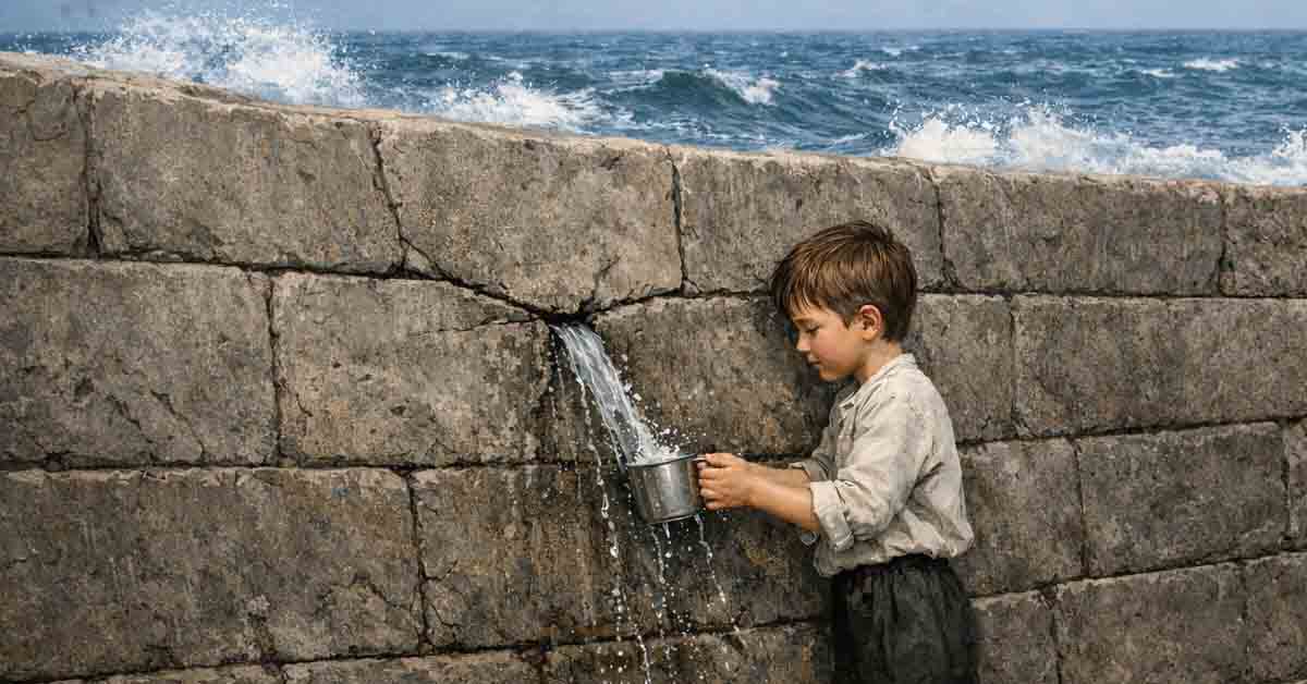 A young boy holding up his cup under a leak in a dyke