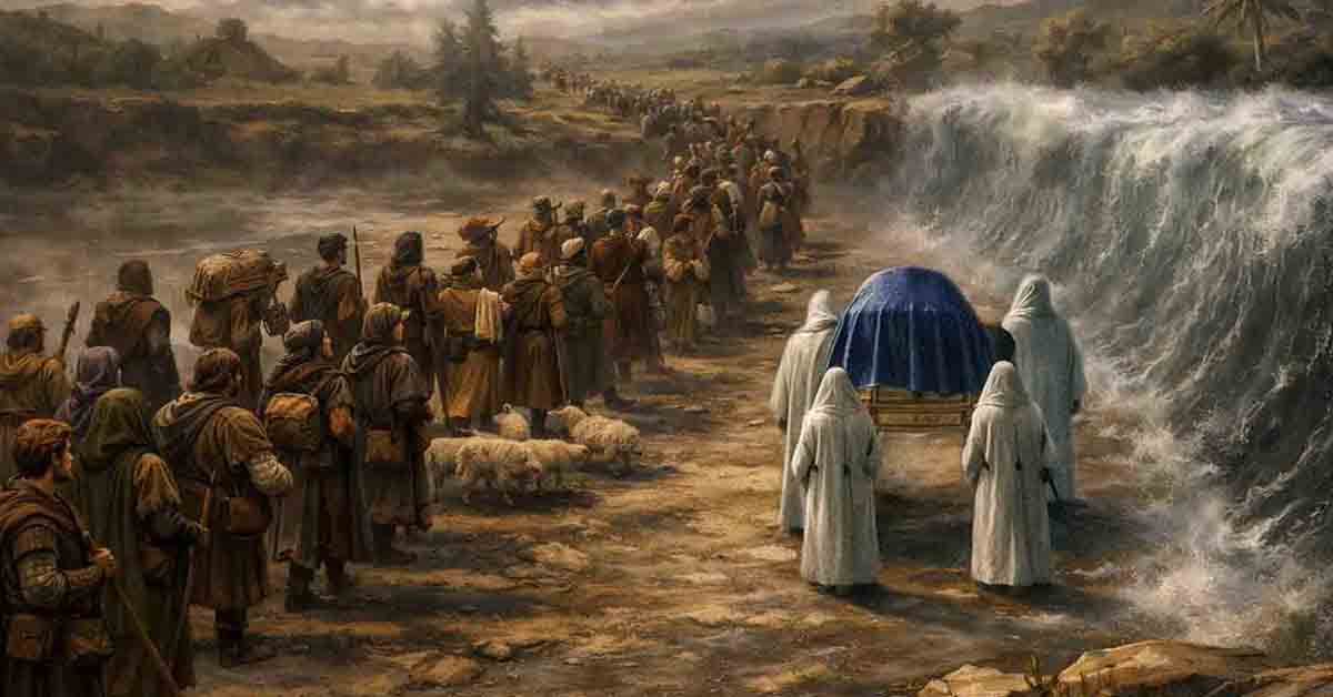 Priests standing with Ark of God in the midst of the Jordan River at floodtide