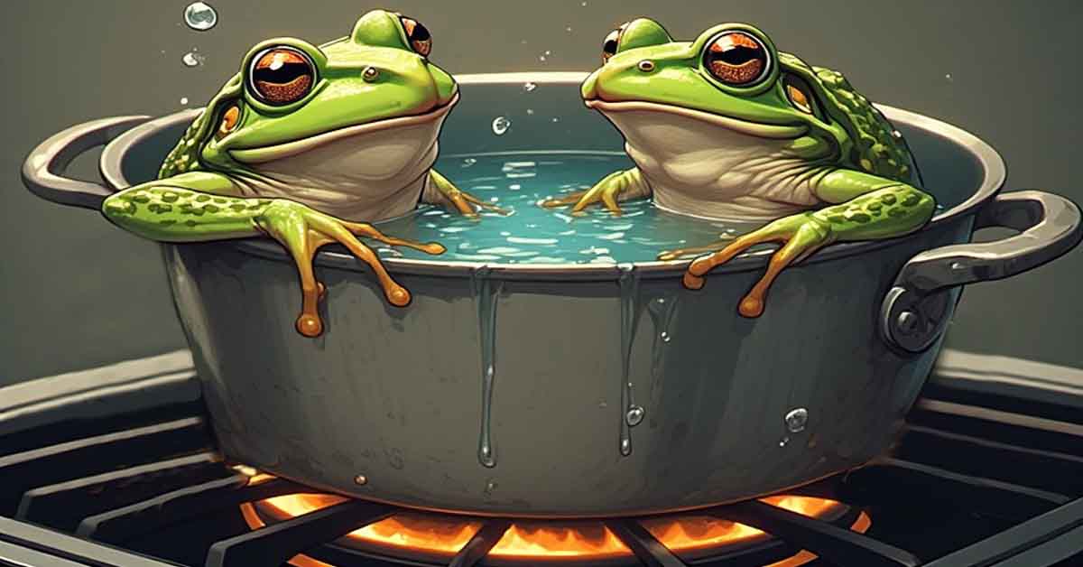 Two frogs sitting in pot on a stove, oblivious of their danger