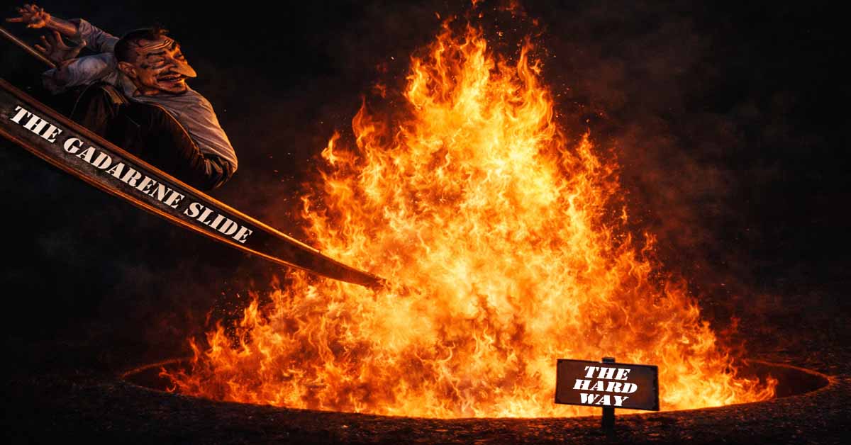 A devil sliding down a slide in the fiery pit of hell