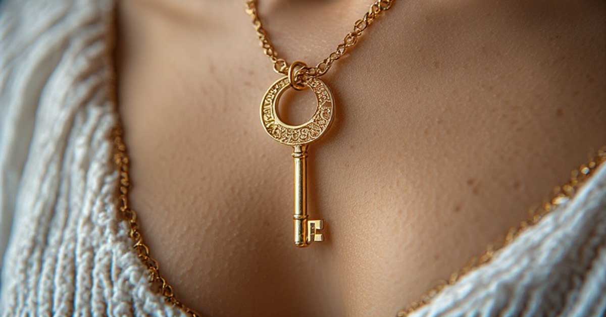 A gold ring with embedded key hanging between a girls breasts