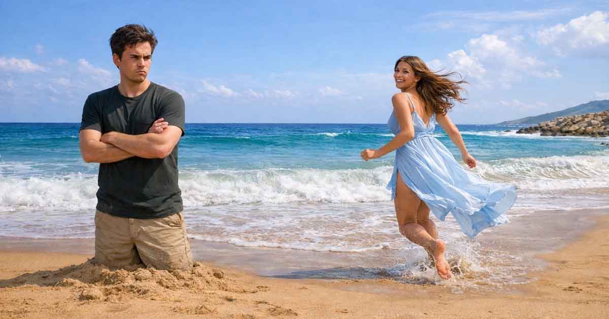 man stuck in the as lady runs past laughing