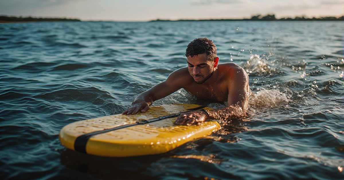 a man paddling across a river using a paddle board