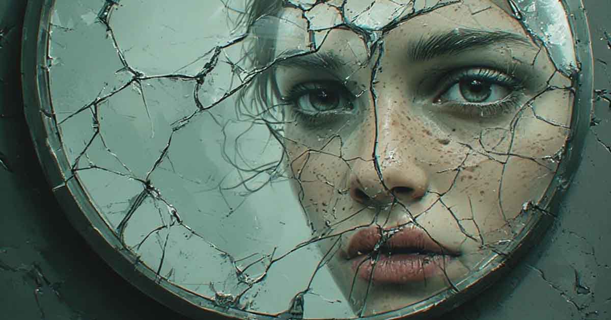 image of a girl's face in a cracked wall mirror