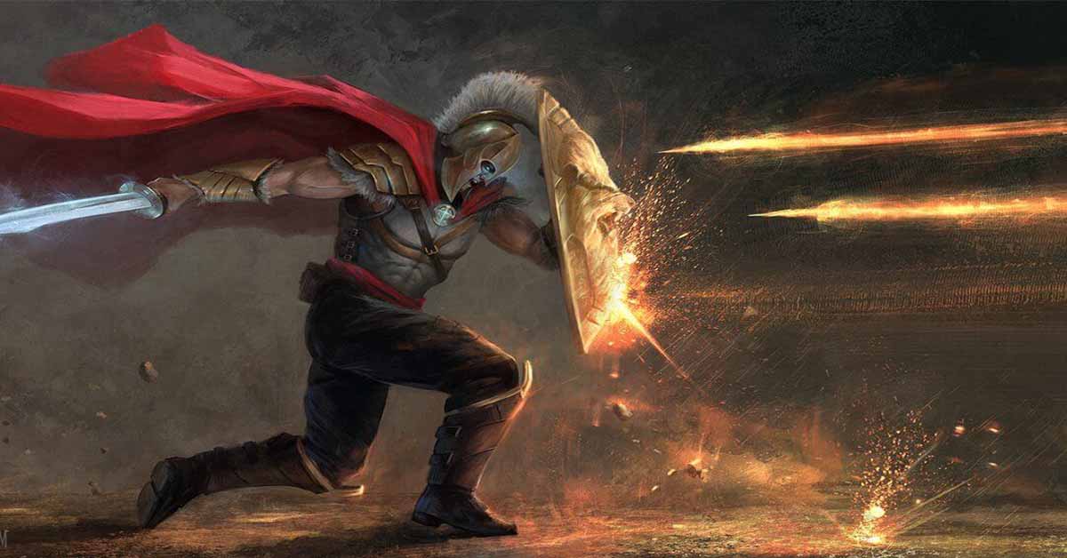fiery darts raining down upon warrior with shield