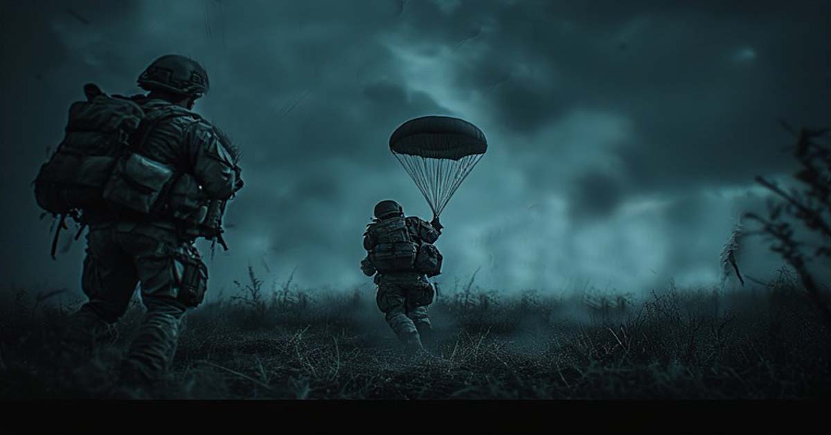 2 paratroopers dropping behind enemy lines at night