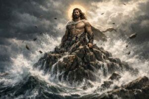 Jesus a rock in the stormy ocean