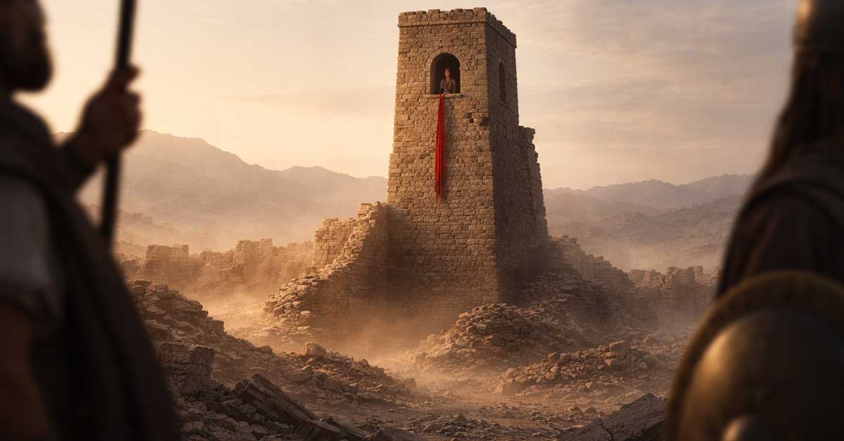 Rahab at the window in the wall of Jericho