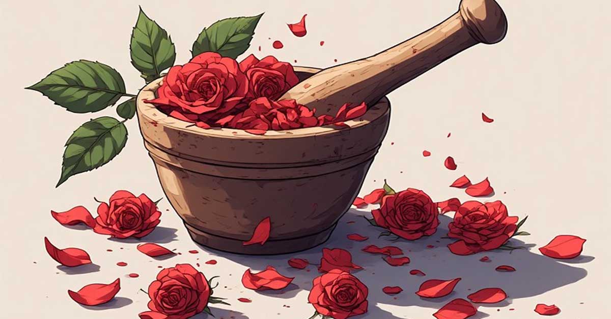 rose petals being crushed in a mortar and pestle